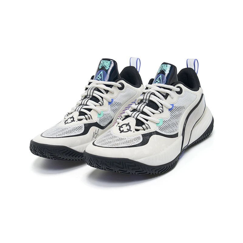 Baskets de basket-ball Rigorer AR Battle 2 "Comet" | Chaussures de sport blanches et noires avec accents de couleur vive | Marque de basket Ballerz